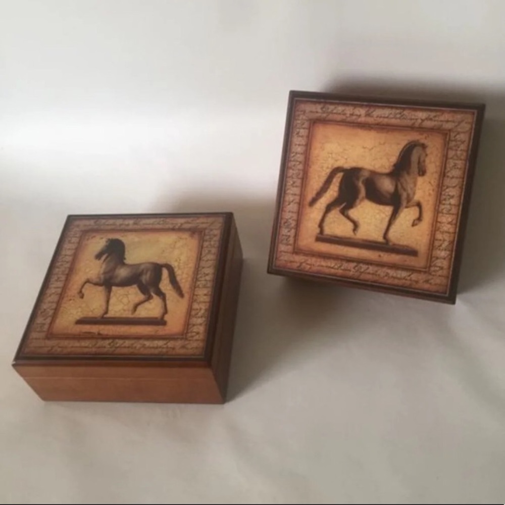 Set Of 2 Wood Square Boxes Horses